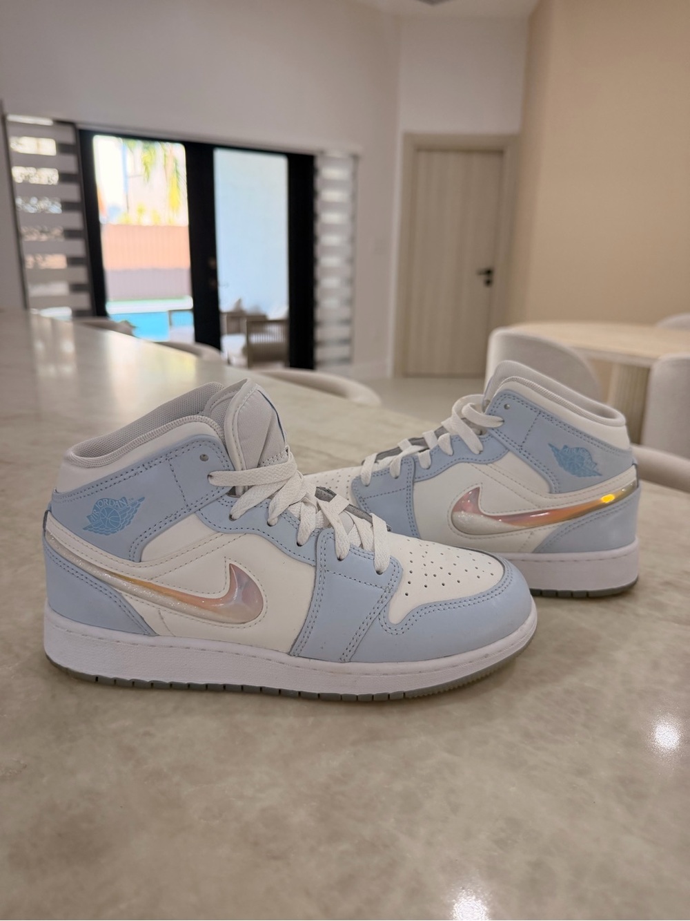 Nike Air Jordan 1 Mid White & Light Blue Iridescent Swoosh